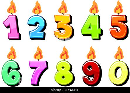 Colorful cartoon birthday candle numbers with flames and bold outlines for celebrations and educational use. Stock Vector