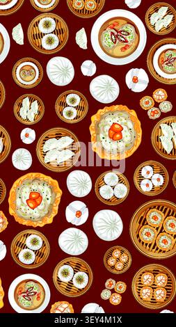 Flat vector pattern of dumplings, bao buns, and soup in bamboo steamers and bowls. Stock Vector
