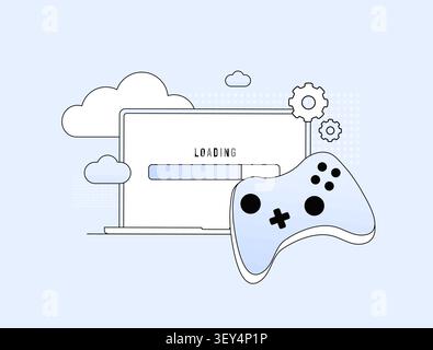 Game launcher with download progress, installation process and cloud synchronization. Gaming platform, software update and loading interface vector illustration. Stock Vector
