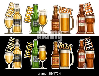 Vector Beers Set, collection of 8 isolated illustrations brown and green beer bottles and tulip glass for restaurant menu, cold non-alcoholic beverage Stock Vector