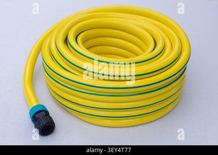 New yellow garden hose coiled with a connector fitting, isolated on a white background. Clean product-style image suitable for gardening, irrigation, Stock Photo