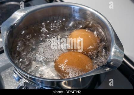 Two brown eggs boiling in stainless steel pan with bubbling water Stock Photo