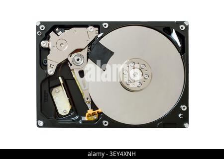 Open computer hard drive on a white background. Hard drive isolated top view. Stock Photo