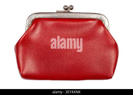 Vintage leather wallet of classic shape on a white background. Red wallet close-up. Stock Photo