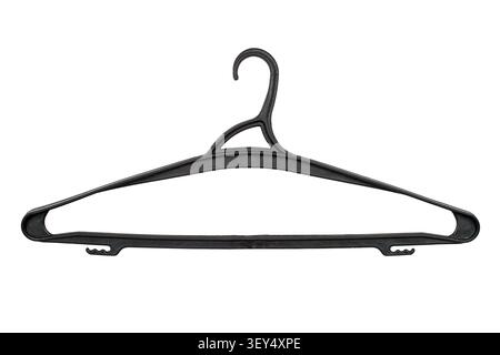 Modern plastic clothes hanger on white background. Black clothes hanger isolated. Stock Photo