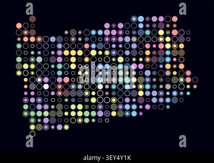Pennsylvania, shape of the state built of colored cells. Digital style map of Pennsylvania on a dark background. Large size circle blocks. Stock Vector