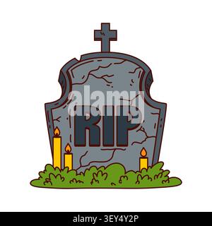 Groovy retro Halloween tombstone with candles Stock Vector