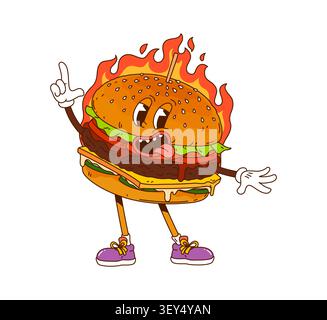 Groovy burger with fire flames, spicy cheeseburger Stock Vector
