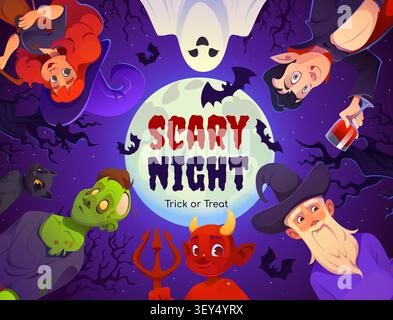 Halloween cartoon characters in scary night poster Stock Vector
