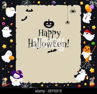 Halloween festive banner, kawaii ghosts, cobweb Stock Vector