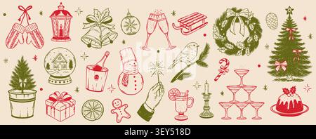 Hand drawn whimsical Christmas doodle set. Vintage holiday tree, snow globe, wreath, snowman, champagne and candle. Cute quirky sketch elements for Ch Stock Vector
