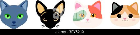 A flat illustration strip featuring four cute cat face portraits with different fur colors and markings Stock Vector