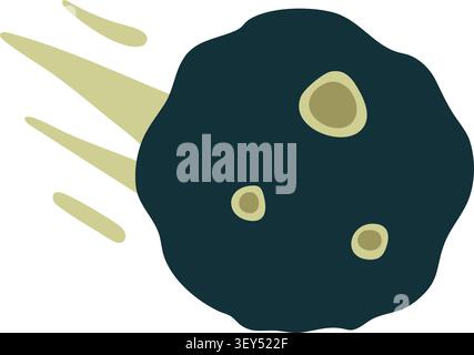 Flat illustration of a dark gray asteroid with round crater details and a soft beige motion trail moving across the sky Stock Vector