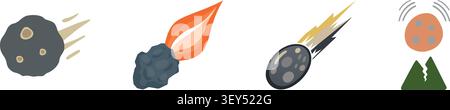 A flat illustration strip featuring cosmic objects such as asteroids, flaming meteors, rocky space debris, and a small cratered planet scene. Stock Vector
