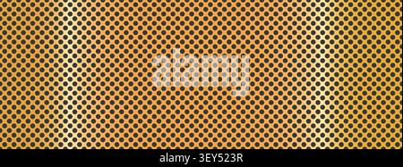 Perforated golden metal sheet seamless pattern with dark round dots. Steel grill surface texture with circular holes Stock Vector