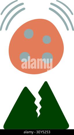 Flat illustration of an orange meteor descending above two green mountains with a split valley and curved motion lines Stock Vector