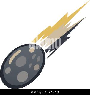 Flat illustration of a smooth oval meteor with crater spots and a sharp golden and black motion streak behind it Stock Vector