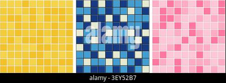Seamless pool tile background set. Yellow, blue and pink ceramic mosaic pattern bundle. Stock Vector
