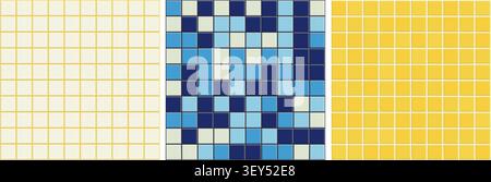 Ceramic pool tile pattern set. Blue and yellow geometric backgrounds collection with clean lines. Seamless wall and floor textures Stock Vector