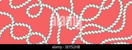 Hand drawn rope brush pattern. Twisted cord lines with knots, loops. Nautical vector bg. Stock Vector