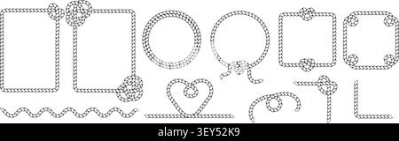 Hand drawn rope brush frames and dividers. Braided cord borders in rectangle and circle shapes with knots and wavy lines. Nautical vector elements. Stock Vector