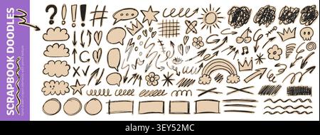 Scrapbook doodle collection with crayon scribble arrows, clouds and underlines. Hand drawn cutout shapes in playful kids collage style. Funky sketch Stock Vector