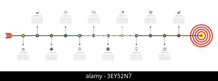 Modern business infographic timeline template with arrow hitting target for successful project milestone. Stock Vector