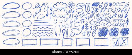 Scribble doodle collection. Crayon arrows, hearts and circles. Rough chalk textures in playful kids style. Funky naive brush elements for notebooks Stock Vector