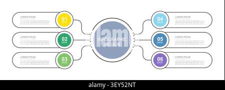 Business infographic design with six steps central diagram chart data marketing process. Stock Vector