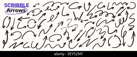 Hand drawn crayon arrow set. Scribble curved and straight doodle pointers in playful childish style. Stock Vector