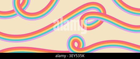 Retro groovy background with curved rainbow stripes. Abstract vintage horizontal banner with wavy lines. Stock Vector