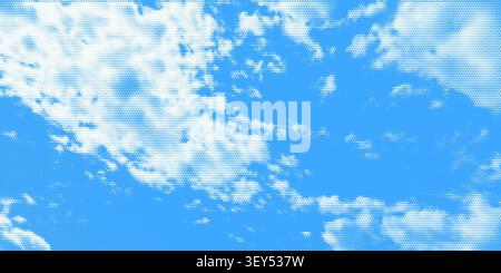 Halftone cloud sky on blue backdrop with pixelated texture vector illustration background. Stock Vector