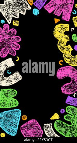 Playful story frame drawn with color crayon elements on a black background. Stock Vector