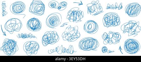 Chaotic pen sketches with tangled scribble lines and doodle circles vector illustration set. Stock Vector