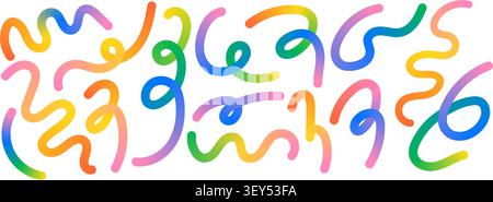 Fluid gradient squiggle line set. Vibrant colorful ribbon elements and organic doodle shapes in playful style. Stock Vector
