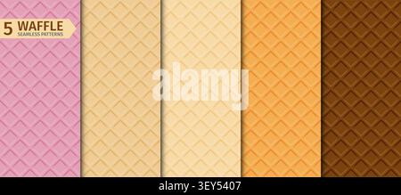 Waffle texture seamless pattern set. Pink strawberry, chocolate and cream wafer. Stock Vector