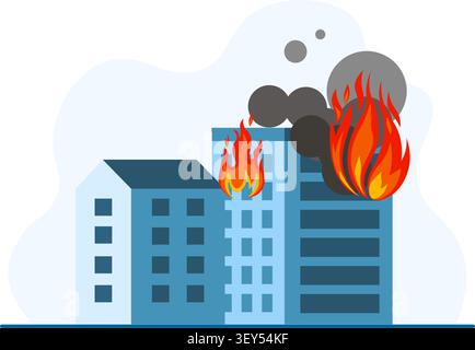 A vector illustration of multi story apartment buildings on fire with large orange flames and dark smoke clouds. Stock illustration. Stock Vector