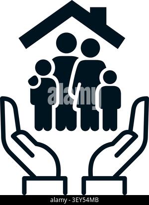 a minimalist icon showing a family of four under a roof protected by two hands symbolizing safety and care services. Stock Vector