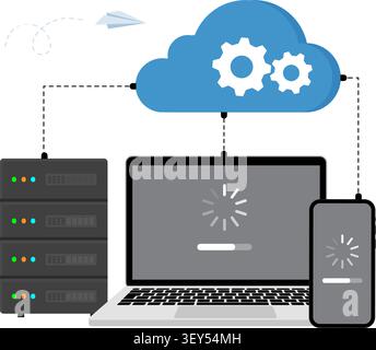 Integrated cloud platform managing data sync between remote servers, laptop computers, and mobile smartphone devices. stock illustration. Stock Vector