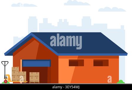 flat vector illustration of a warehouse with a pallet jack, cargo boxes, and a city silhouette background. Stock Vector