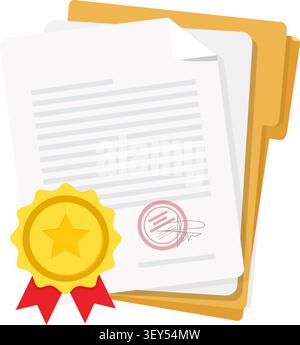 An illustration of a legal document folder containing signed paper sheets with a golden star medal and red ribbon badge. Stock Vector