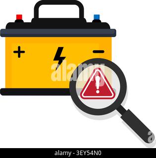 flat vector illustration of a yellow car battery under inspection with a magnifying glass showing a warning alert. Stock Vector