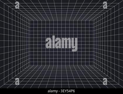 A 3D perspective grid room with white lines on a black background, creating a digital matrix tunnel or virtual space. Stock Vector