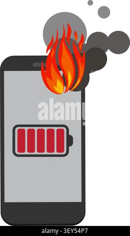 An illustration of a smartphone catching fire and smoking due to a severely overheated and bloated battery indicator. Stock illustration. Stock Vector