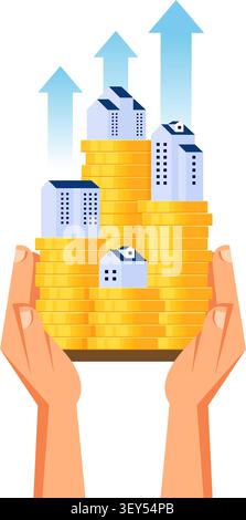 An illustration of hands holding stacks of gold coins with houses and upward arrows, symbolizing real estate investment growth. Stock Vector