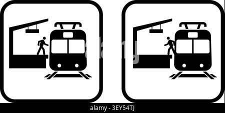 A black and white pictogram set showing a stick figure person boarding and stepping off a train at a station platform. Stock Vector
