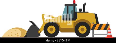 An illustration of a yellow wheel loader with a pile of sand, a traffic cone, a safety barrier. Stock Vector