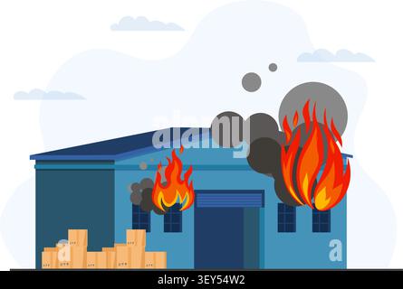 An illustration of a blue warehouse building catching fire with dark smoke billowing out and stacks of cardboard boxes outside. Stock Vector