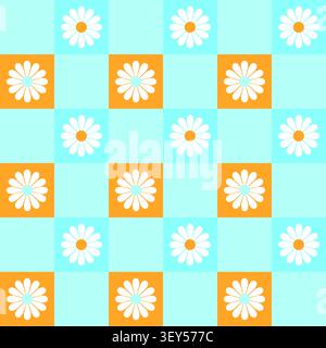 Retro Groovy Daisy Checkerboard Seamless Pattern for Surface Design Stock Vector