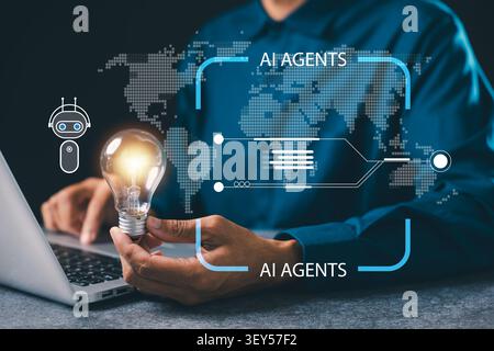 AI innovation sparks bright ideas, glowing lightbulb held by business person using laptop, visualizing global technology concept for future digital cr Stock Photo